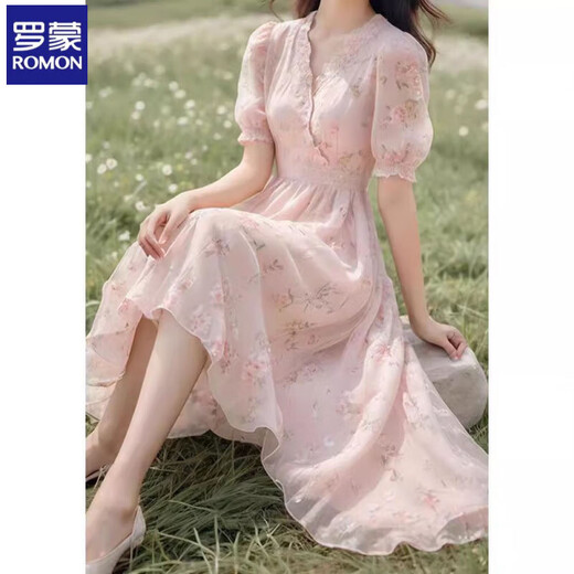 Vestido floral Romon Pink For Women Gentle Style Break French French Beautiful First Love Temperament que abraza a la cintura de hadas Pink M Recomendado 95-115Jin [Jin es igual a 0.5 kg]