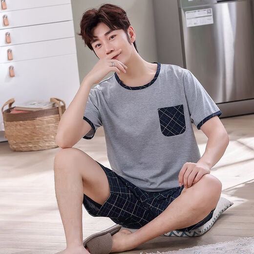 Мужская пижама Mu Fengqing Summer Shorked Shorts Новый подросток хлопок плюс жир плюс размером среднего возраста набор домашней одежды Summer HD9928 [Новый набор] L [Вес 100-125 JIN [JIN равно 0,5 кг]]