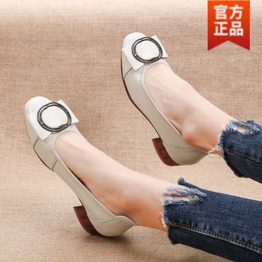 Shachijing chooses spring and summer middle-aged women's leather shoes genuine leather comfortable mother's shoes shallow mouth low heel single shoes thick heel medium heel round toe women's shoes yellow women's shoes that don't get tired of their feet for a long time 6626 37