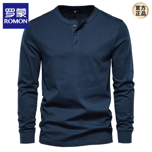 ROMON long-sleeved t-shirt for men, pure cotton, heavyweight army green henley shirt, American spring and autumn round neck open-neck top, royal blue M (weight 130-145Jin Jin equals 0.5kg)
