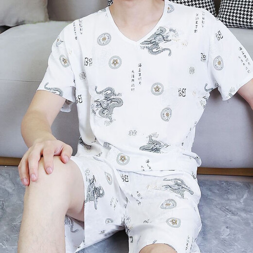东方绸男士睡衣夏季棉绸加大码绵绸薄款短袖家居服青年人造棉套装 d5009 2XL 175厘米建议体重135斤内