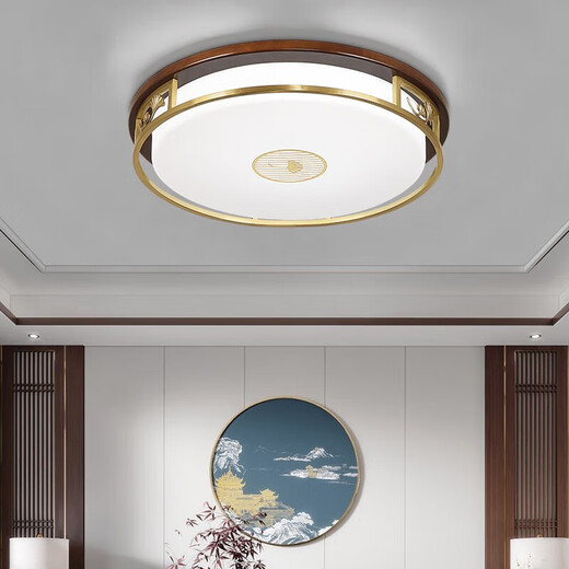 矮福熊新中式客厅灯仿古家用木艺灯具现代实木全光谱护眼吸顶灯 9926-460圆-全光谱三色