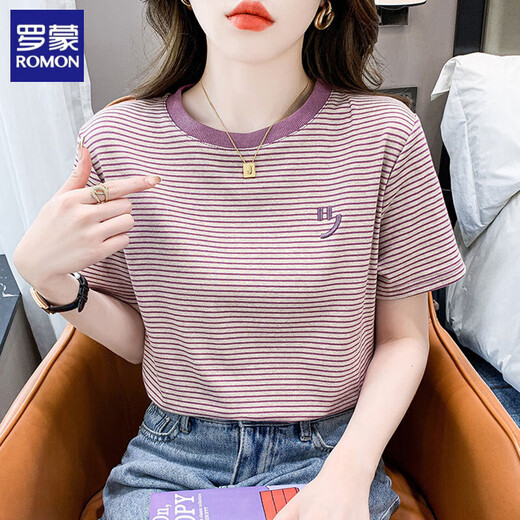 
ROMON striped short-sleeved T-shirt for women loose Korean women's clothing 2025 summer new versatile T-shirt round neck half-sleeved top Red 9928 S Recommended 80-95Jin [Jin equals 0.5 kg]