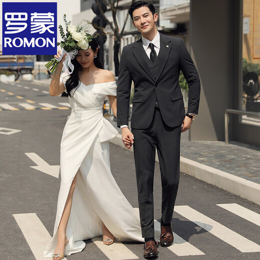 Traje de boda de Romon Groom Traje para hombres Set de tres piezas de tres piezas Corea Slim Business Casual Groomsmen's Dress Single Butt Navy (traje + chaleco + pantalones) XL