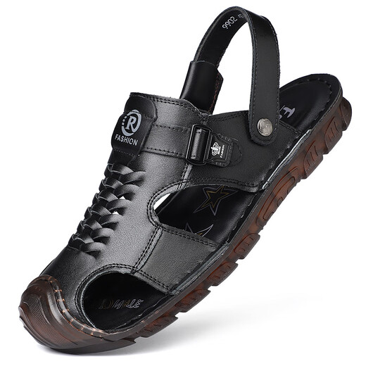 Dragonfly brand top layer cowhide bag sandals men's new leather summer beach shoes soft sole beef tendon bottom dad sandals two wear 9902 yellow-brown 41