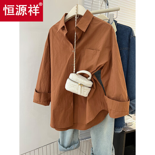 Hengyuanxiang polo collar long-sleeved shirt for women in spring and autumn new casual and versatile loose slimming medium-length top design niche caramel color: no pocket 4XL