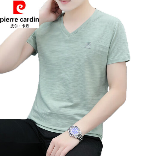 皮尔卡丹（pierre cardin）清新绿色纯棉冰丝短袖t恤男装夏季V领修身轻奢简约透气环保打底衫 白色693款凸印 M 不起球不掉色
