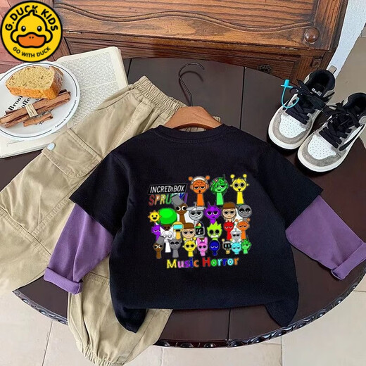 
G.DUCKKIDS children's T-shirt Spring and Autumn New Rhythm Box Game Peripheral Round Collar Clothes Boys and Girls Pure Cotton Top 1105 Purple Paired Black [Previous Print 06 Back Print 01] 110