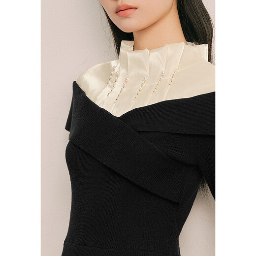 OBBLIGATO Origato spring pleated stand-up collar beaded contrast patchwork sweater black sweater L