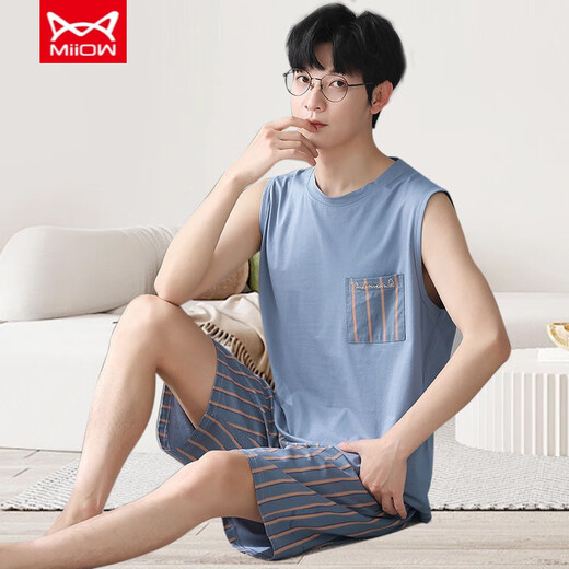 Cat Man (MiiOW) Pajamas Men's Vest Summer Modal Thin Suit Men's Home Clothes Sleeveless Jin Jin is equal to 0.5 kg, plus size two-piece set -12027 Modal Suit L Recommended 100-140 Jin Jin is equal to 0.5 kg