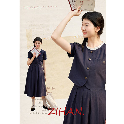 Zihan (ZIHAN) Zihan lace round neck puff sleeve top high waist pleated half length skirt two-piece suit for women 2025 summer new style dark navy S