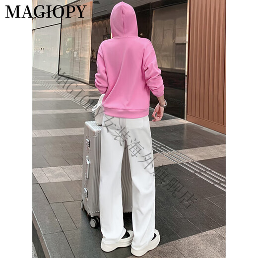 Magiopy International Luxus High-End-Marke Salt Fried Street Casual Sports Set Frauen Frühling 2025 Neue Langarm-Kapuzen-Sweatshirt Pink Top + White Hosen S (100jin [Jin entspricht 0,5 kg]))