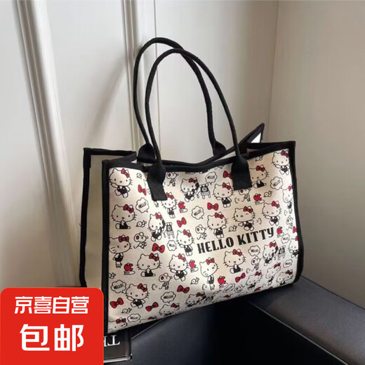 大容量休闲包包女单肩外出格子百搭托特帆布学生上课手提袋妈咪 黑色KT猫升级+内衬 大包