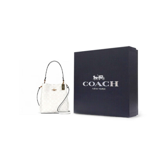 蔻驰（COACH）单肩包Town21老花满印徽标Logo帆布拼皮革水桶手提斜挎小号女款白 基础装(包+防尘袋)