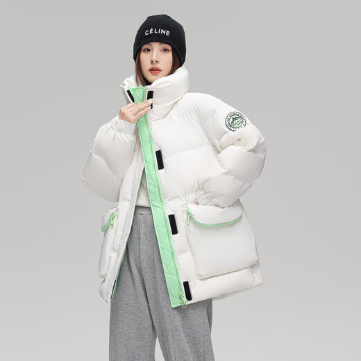 雪中飞【反季清仓】2025新款撞色克莱茵蓝工装大口袋女士中长款羽绒服 白色|8162 M /160/84A