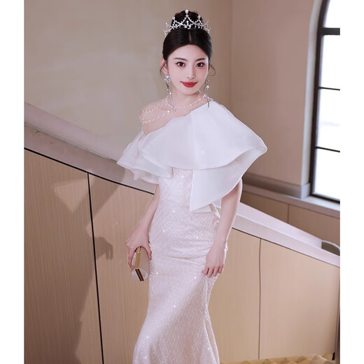 梓嘉福晚礼服裙女轻奢小众高端感主持人法式鱼尾重工party端庄大气 米白色 S