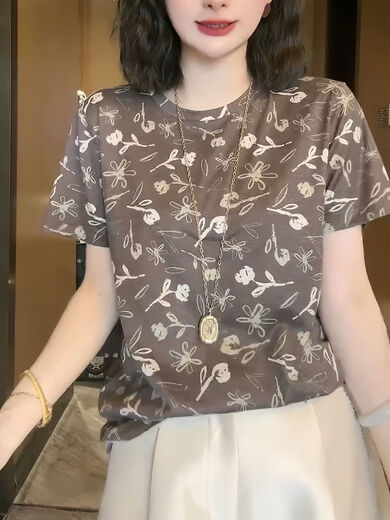
DRYWORLD European products 2025 summer new short-sleeved T-shirt for women fashion loose casual and versatile temperament floral round neck top big red [Trendy and elegant 1049 brown] M