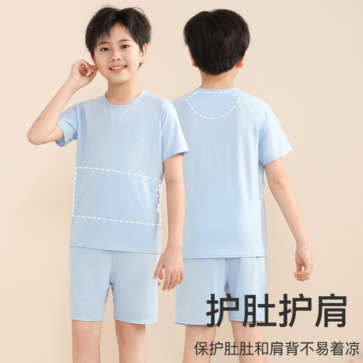 
Catman children's pajamas for boys and girls summer thin ice silk shorts shorts 2025 home clothing air conditioning suit can be worn outside blue 130 [Recommended 120-130cm/50-60Jin [Jin equals 0.5 kg]]