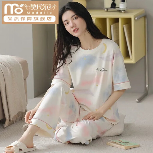 莫代尔棉质睡衣女短袖长裤夏季韩版女士圆领套装薄款棉质外穿家居服 RN9713#短袖长裤 棉质 M (80-100斤)