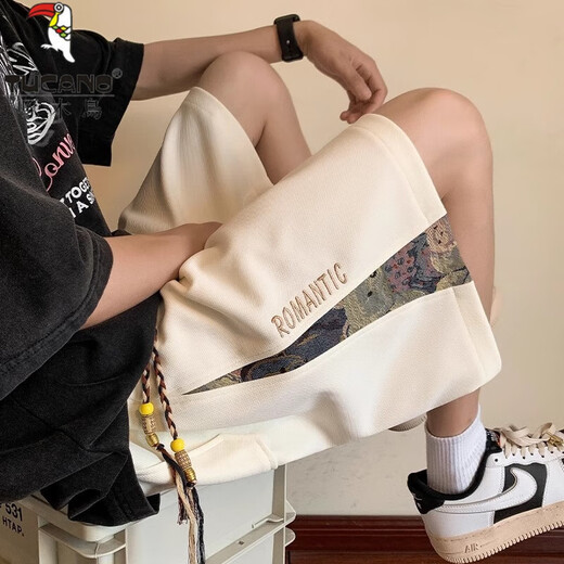 Woodpecker Japanese retro bear embroidered casual shorts men and women summer trendy couple loose wide-leg sports five-point pants flower white M