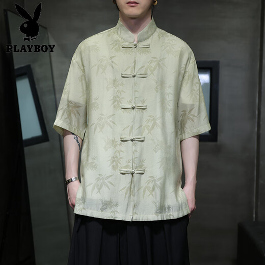 Playboy (Playboy) Summer delgado Camisa de manga corta Nuevo estilo chino Estilo antiguo Botón Tang Suit Men's Chinese Bamboo Leaf Top Zhongshan Suit CS9898 White M