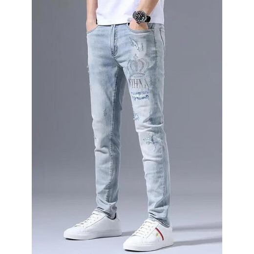 
HLA to autumn high-end stretch jeans for men's trendy brand ripped embroidery trendy slim-fitting small feet light color versatile long pants light blue 3890 crown ripped pants 31 [Suggested 125-135Jin [Jin equals 0.5 kg]]