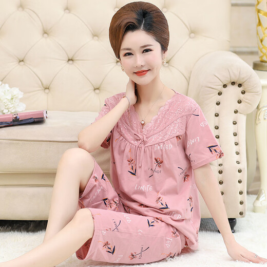 
Victoria's style middle-aged mother pajamas for women in summer pure cotton short-sleeved home clothes middle-aged and elderly thin cropped pants two-piece set Y3937 3XL