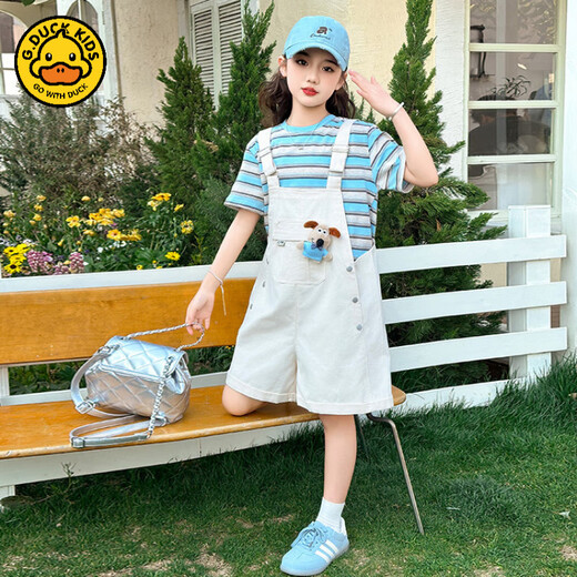 G.Duck Kids Gehen Sie mit Duck Girls Summer Arms-Shorts Set 2025 Neue Grundschule Fashion T-Shirt Strumpfhosen zweiteiliger roter Streifen-Set 120 cm
