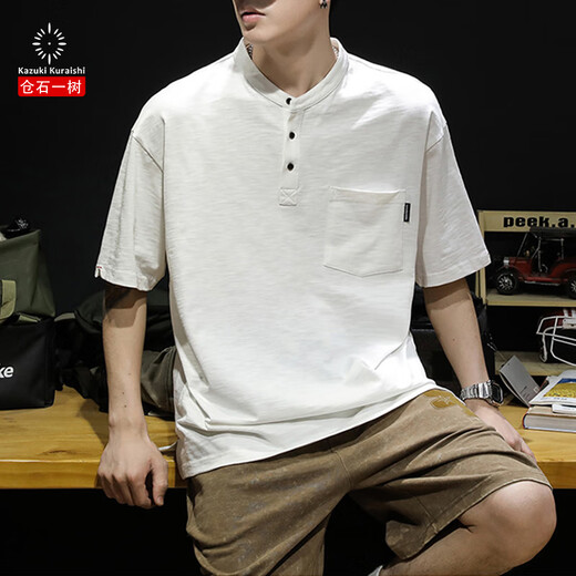 Kazuki Kuraishi Trendy Brand hübsches Polo-Shirt Herren 2025 Sommer Solid Color Retro Henry Casual halbärmelige Männer Top Black XL