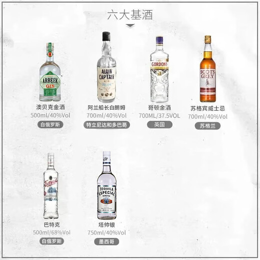 澳贝克龙舌兰酒DIY鸡尾酒套装 威士忌伏特加白兰地金酒朗姆酒果酒组合 六大基酒中阶款