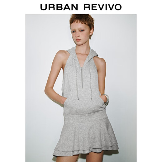 UR2025 Herbst neue Frauen Mode Doppelschichtrock Rock Rückenfreies Kapuzenkleid UYV750050 Blumengrau (gesäumt) s