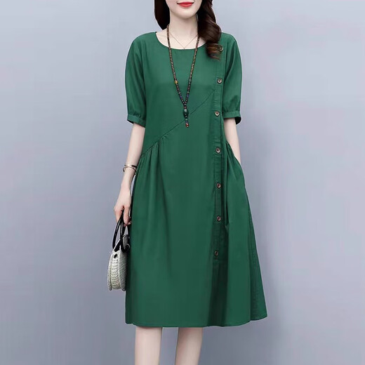 
XAE luxury high-end brand short-sleeved dress for women 2025 summer new round neck loose and fashionable age-reducing slimming skirt gray XL 125-135Jin [Jin equals 0.5 kg]