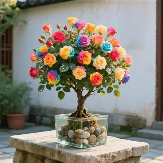 Colorful roses, one tree, multi-color potted old piles, blooming in all seasons, easy to grow indoors, cold and heat-resistant, suitable for balcony and courtyard, colorful roses, hydroponic water and soil/9-year-old old piles, 2 pieces, full bloom + fertilizer