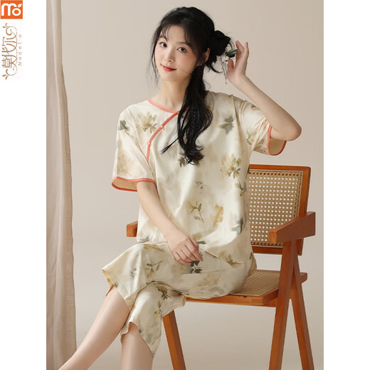莫代尔睡衣女夏季2025年新款短袖套装新中式国风棉七分裤薄款可外穿家居 LZY9902 M (建议75-95斤)