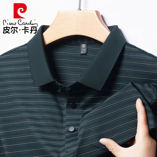 皮尔卡丹（pierre cardin）夏季中年男士桑蚕丝短袖t恤翻领条纹爸爸装体恤polo衫 H9866墨绿 M 165 推荐90-120斤