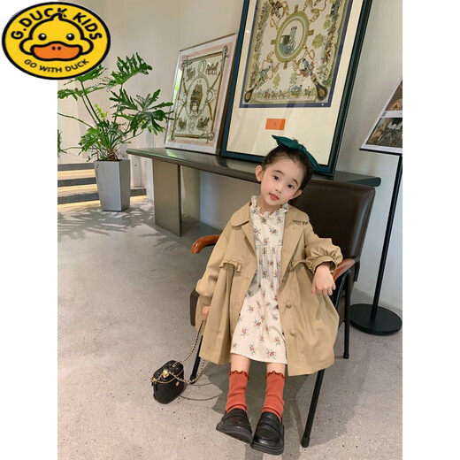 G.Duckkids Mädchenwindbreaker 2024 Frühling neuer Kinder modische mittlere Jacke mit mittlerer Länge Baby Korean Style Bow Top Khaki Spot 90 (Referenzalter 2-3 Jahre alt) (Kleiderlabel 90)