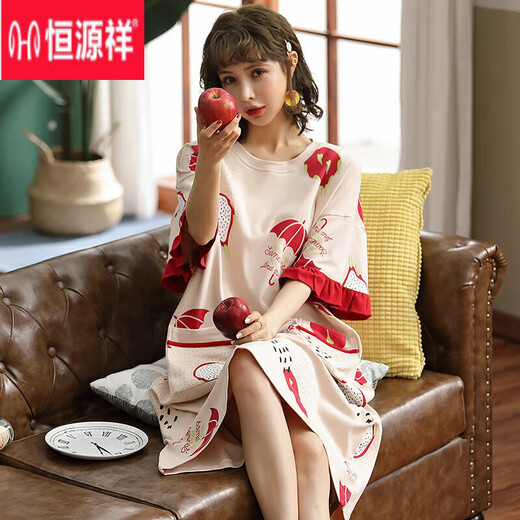 恒源祥睡裙女夏季棉短袖中长款加肥加大码胖mm200斤薄款女士孕妇睡衣 F6630纯/棉长裙 L (100-120斤内)