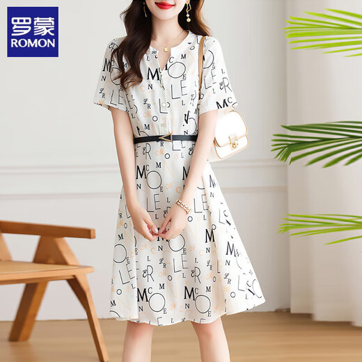 ROMON high-end dress summer 2025 new small person with fashionable temperament waist-hugging and slimming fashionable printed chiffon skirt color 2XL recommended 130-140Jin [Jin equals 0.5 kg]