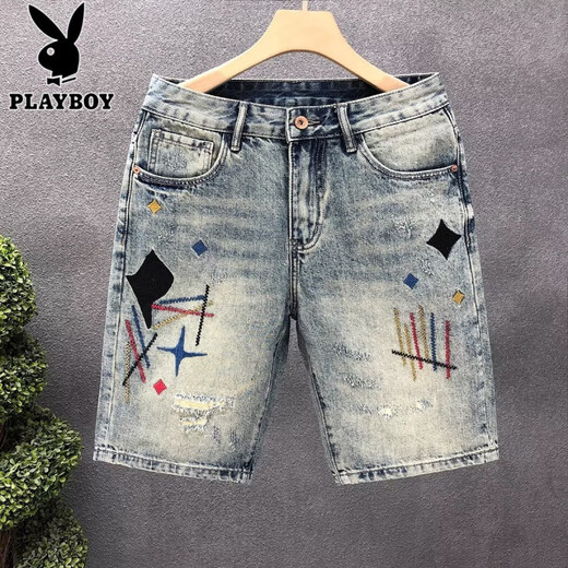 花花公子（PLAYBOY）欧洲站牛仔短裤男士夏季潮牌印花刺绣五分裤潮流修身休闲弹力中裤 浅蓝色CK9925款 28