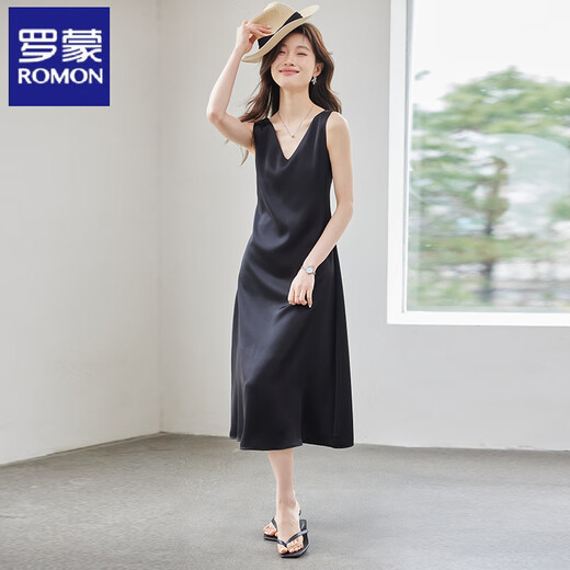 罗蒙（ROMON）高级感真丝吊带连衣裙女夏季醋酸缎面中长裙内搭丝绸无袖气质 Q9934杏色连衣裙 L