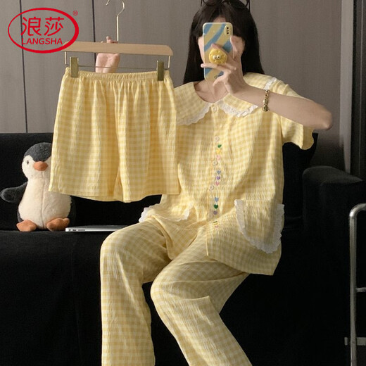 Langsha (Langsha) Large-Size-Heimkleidung für Frauen 2025 NEUER KOLK-SELEVED COLAID Sweet Prinzessin Fengyunduo Cotton Pyjamas Drei-teiliger Set H9928 Polka Dot Kt Katze [kleiner Lapelstil] M empfohlen 75-100 Jin [Jin gleich 0,5 kg]