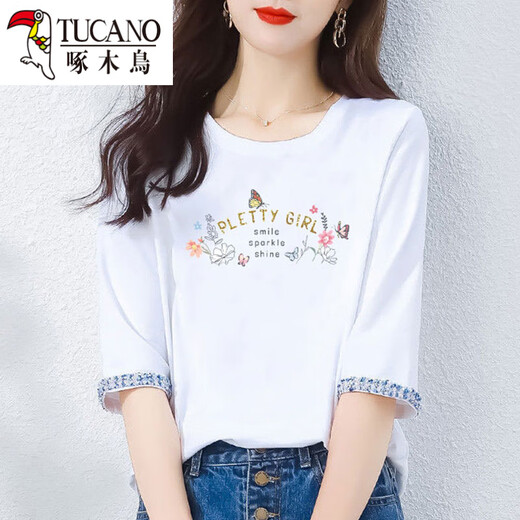 Woodpecker pure cotton temperament age-reducing seven-quarter sleeve T-shirt for women's mid-sleeved loose white T-shirt Spring and Autumn Summer 2025 new top W6172 ice blue mid-sleeved L (recommended 105-120 Jin [Jin equals 0.5 kg])