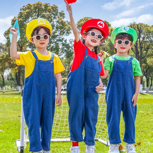 Kaikaijia children's performance clothing kindergarten cos Mary Mario overalls suit boys and girls performance clothing children red short-sleeved + denim short overalls free socks of the same color 100cm suitable for heights below 90cm