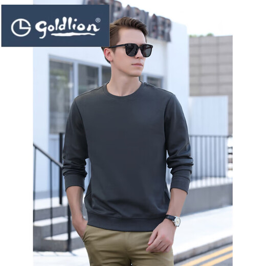 金利来（GOLDLION）圆领卫衣男春秋季宽松内搭打底衫灰色潮流秋装上衣长袖t恤外套男 12165灰色-加绒 厚款 M 体重120斤以下