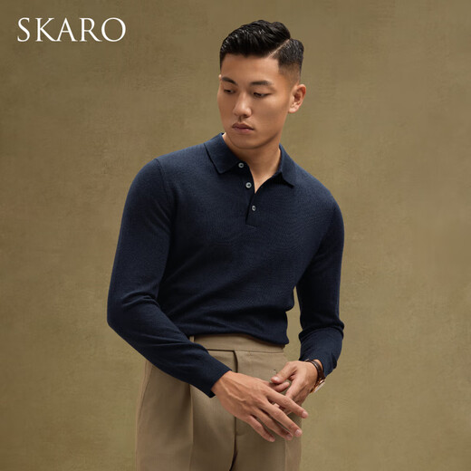 SKARO [anti-shrinkage, anti-static] SKARO autumn and winter long-sleeved POLO shirt men's lamb wool sweater lapel hair navy blue SKA691 S