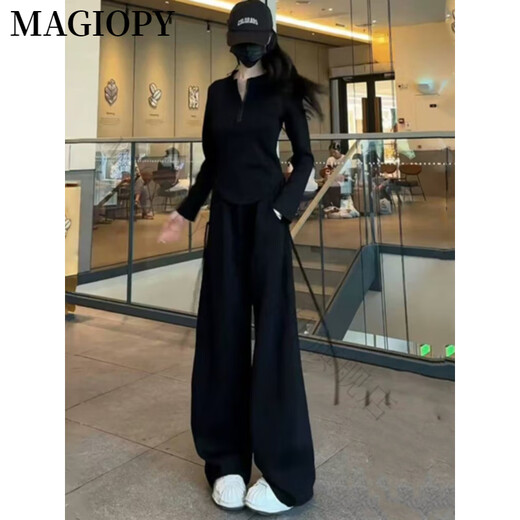 MAGIOPY国际奢侈高档品牌2025春酷辣休闲运动套装女修身收腰显瘦黑色长袖 黑色两件套 S(100斤以内)