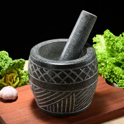 Sailoto large hand-made garlic pounder stone garlic mortar household grinder stone mortar for pounding medicine, smashing pepper, peeling garlic and garlic press, 25 cm diameter hand-made jar type with wooden hammer step