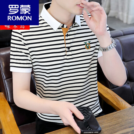 Romon kurzärmeliges T-Shirt für Herren-Sommer-Eis Silk-Polo-Hemd gestreiftes Stick-Revers-T-Shirt atmungsaktives halbärmeliges Top 6626 Khaki M [80-100jin [Jin ist gleich 0,5 kg]]