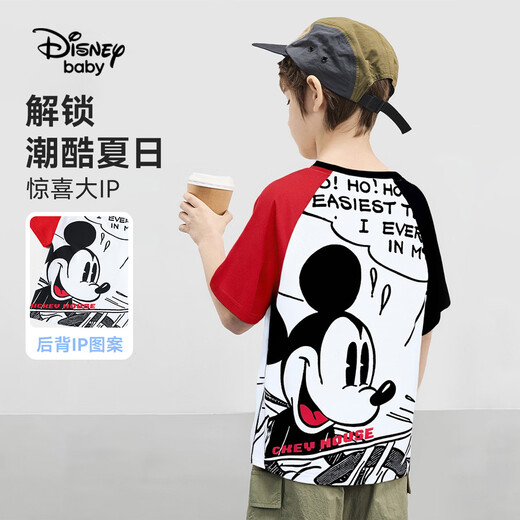 Детская футболка для детей с короткими рукавами Disney Baby Disney для детской одежды средней детской одежды чистое хлопковая кожа, любимая базовая рубашка, летняя красная 120
