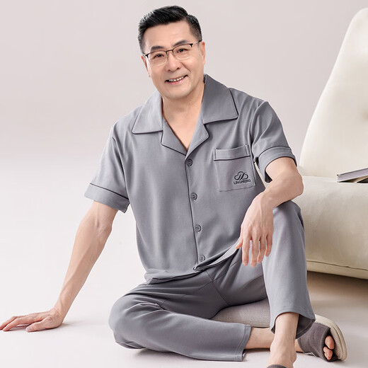 
Yalu Middle-aged and Elderly Men's Pajamas Pure Cotton Short Sleeve Long Trousers Spring and Summer Middle-aged Home Suit Summer Thin Set LMSJ9214 3XL (170-190Jin[Jin equals 0.5 kg])
